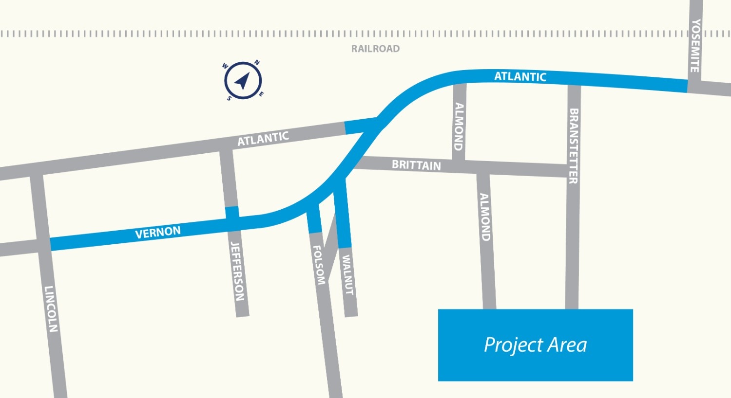 Map of the project area along the Vernon/Atlantic S-curve between Lincoln and Yosemite Street.
